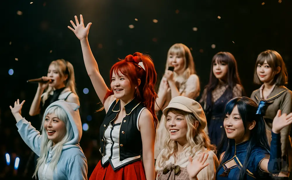 A group of seven young women, likely a music group, perform on stage in matching outfits, waving to the audience.