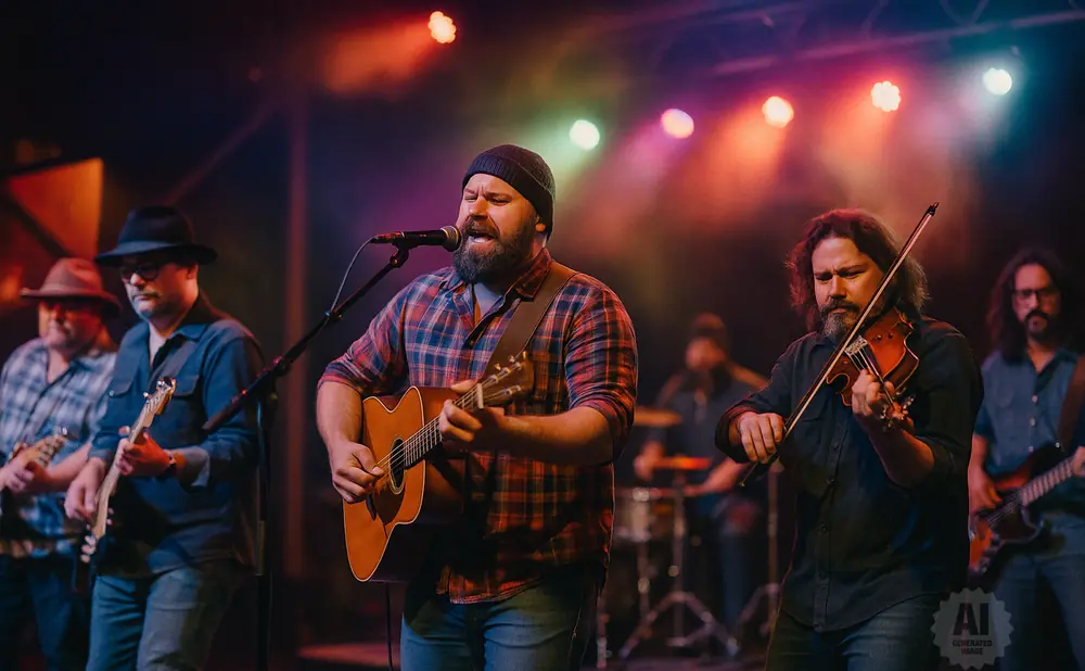 Band performing on stage with a lead singer playing guitar, a violinist, and guitarists in the background.