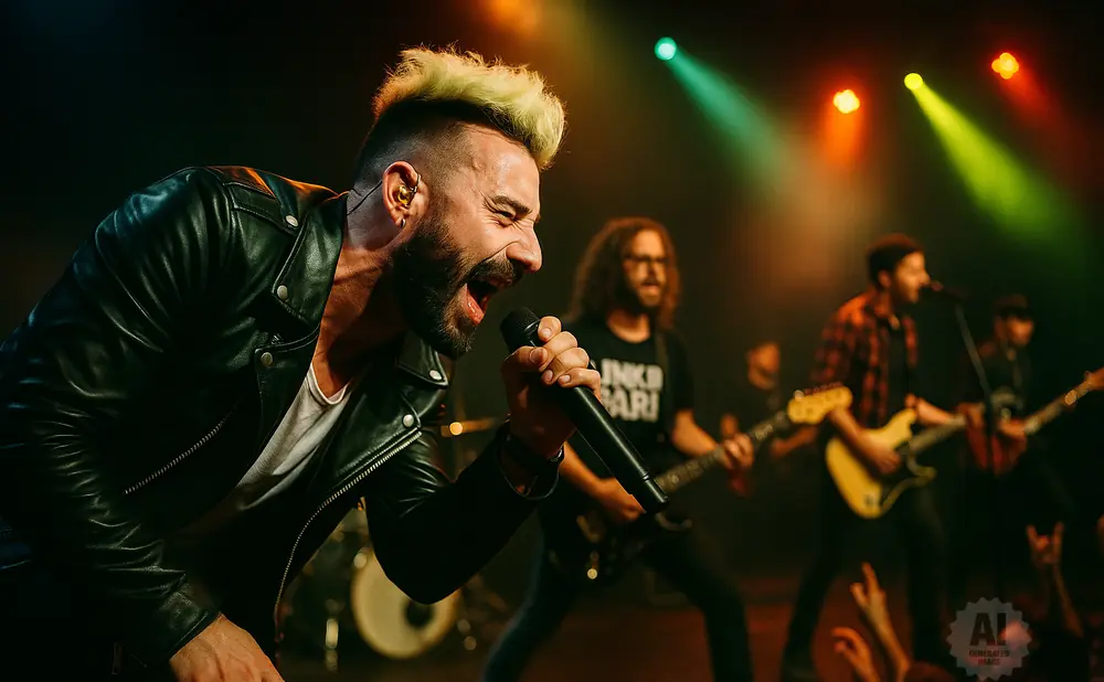 A male rock singer with blonde-tipped hair belts into a microphone while his band plays behind him.
