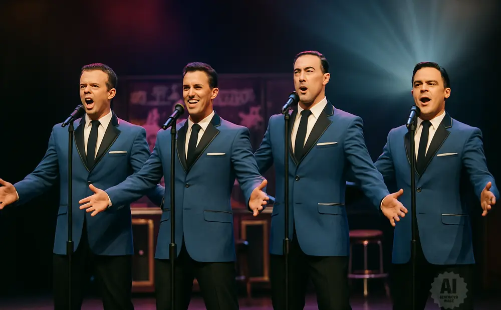 Four singers in matching blue suits and ties perform on stage with microphones.