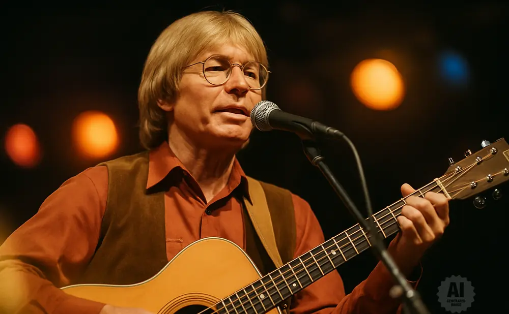 A blond man in a rust-colored shirt and brown vest plays an acoustic guitar and sings into a microphone.