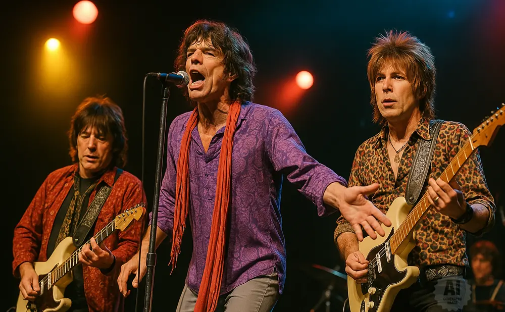 Musicians on stage: lead singer in purple, guitarist in red, and guitarist in leopard print.