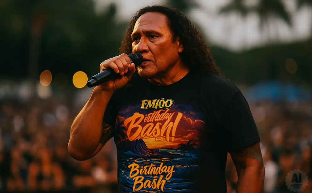 A man with long hair sings into a microphone at a concert, wearing a black t-shirt that says 
