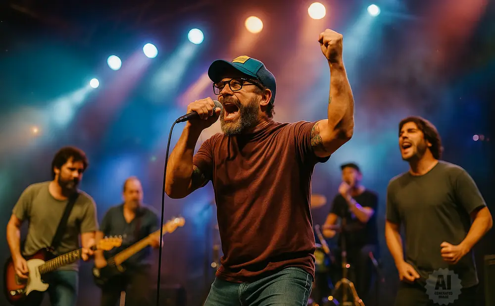 A man with a beard and glasses sings into a microphone with his fist raised on a stage with a band.