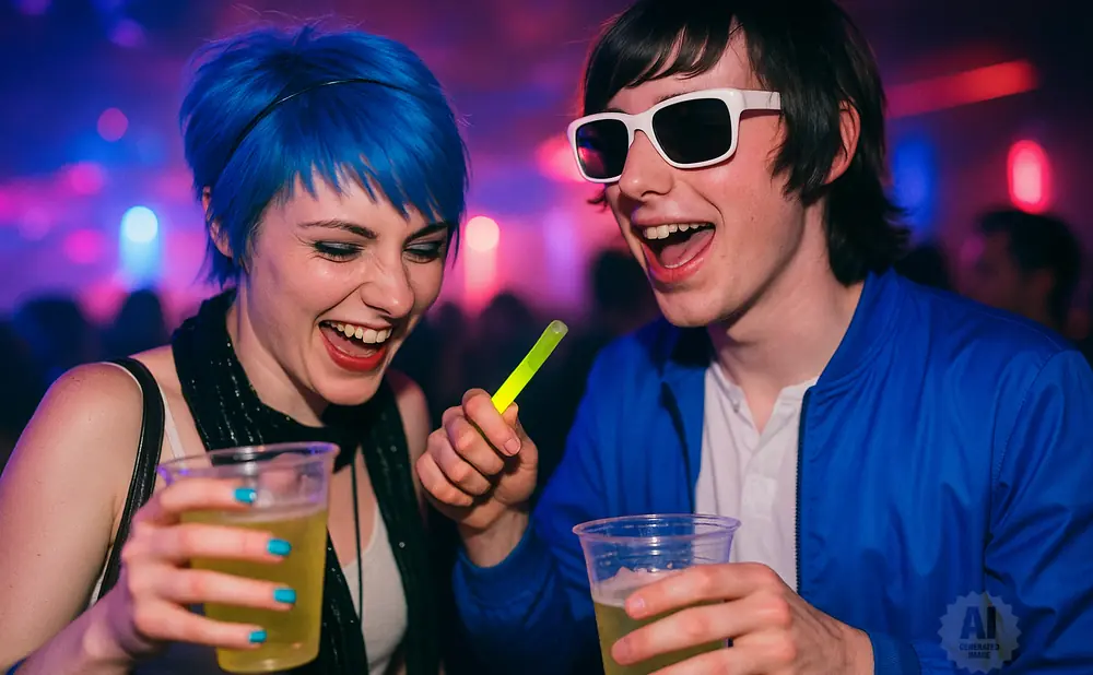 A laughing couple with blue hair and white sunglasses hold drinks and glow sticks at a party.