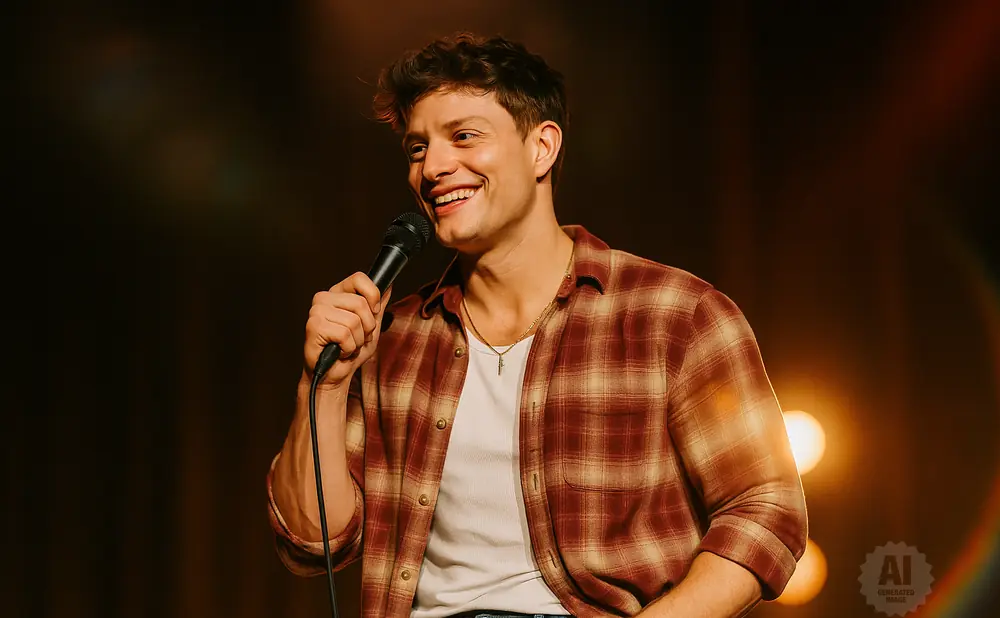 A man in a plaid shirt and jeans holds a microphone and smiles.
