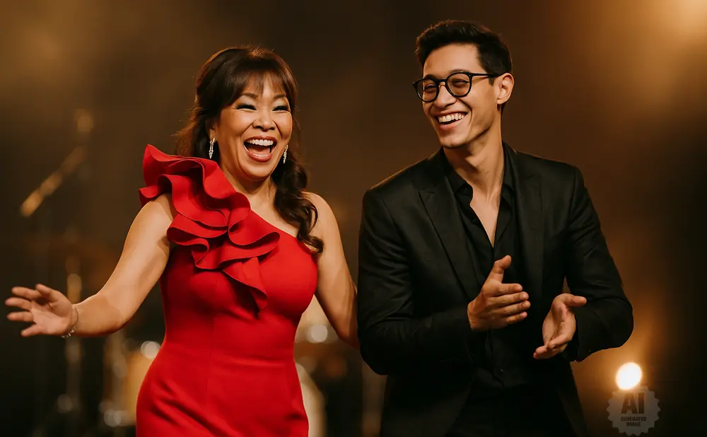 A smiling woman in a red dress and a smiling man in a black suit laugh together on stage.
