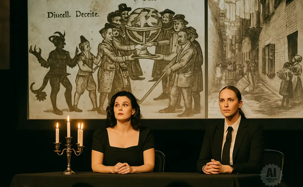 Two women sit at a table with candles in front of a historical illustration backdrop.