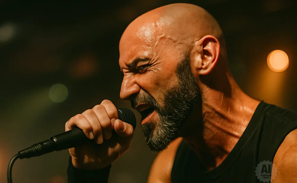 A bald, bearded man in a black tank top sings into a microphone.