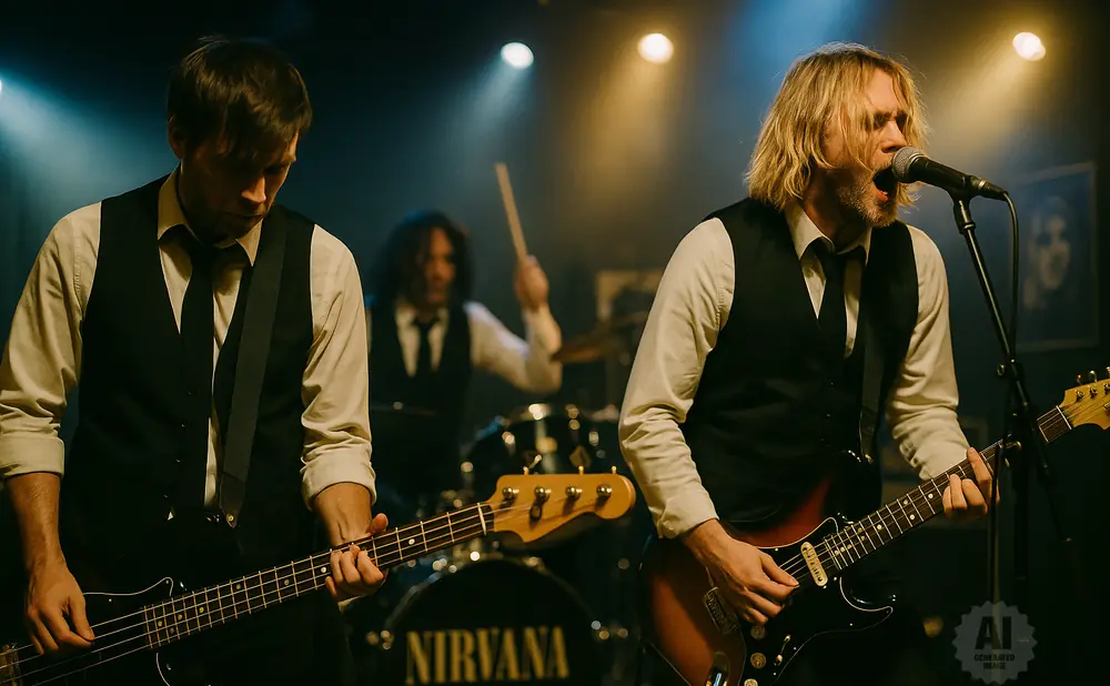 Three musicians on stage: two guitarists and a drummer, with spotlights illuminating them.