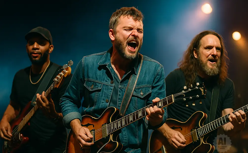 Three male guitarists perform on stage, one in the center singing with his eyes closed.