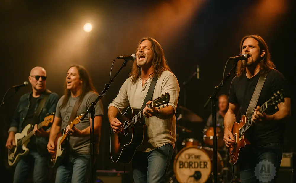 A band performs on stage, with three guitarists singing and playing.