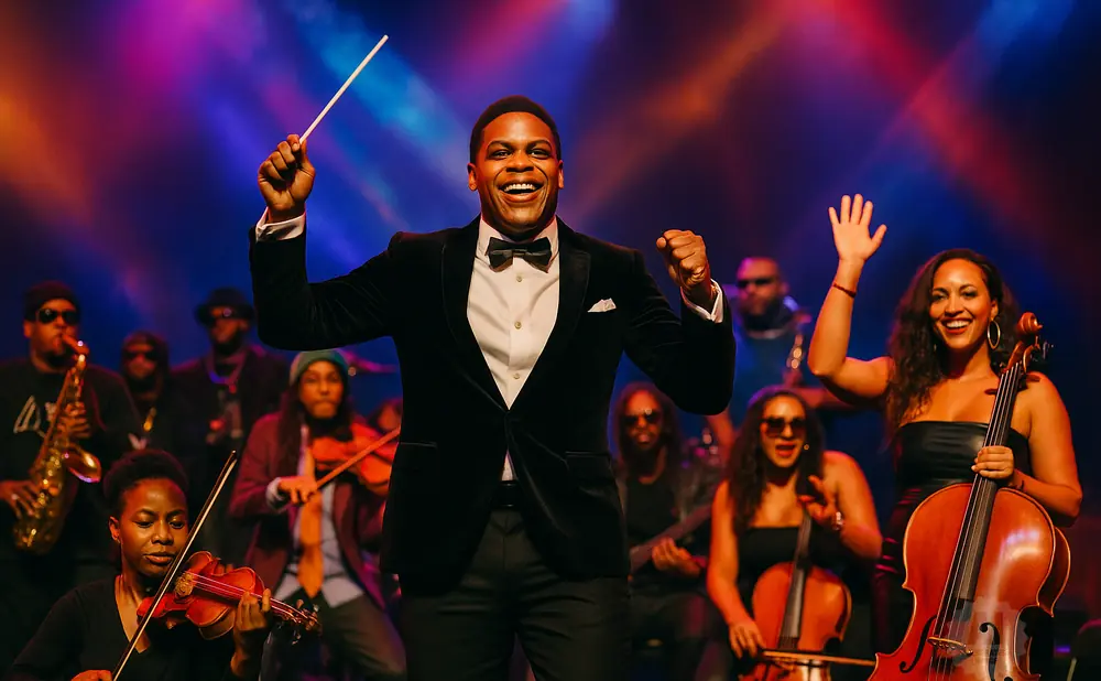 Conductor leads an orchestra with a violinist and cellist during a vibrant performance.