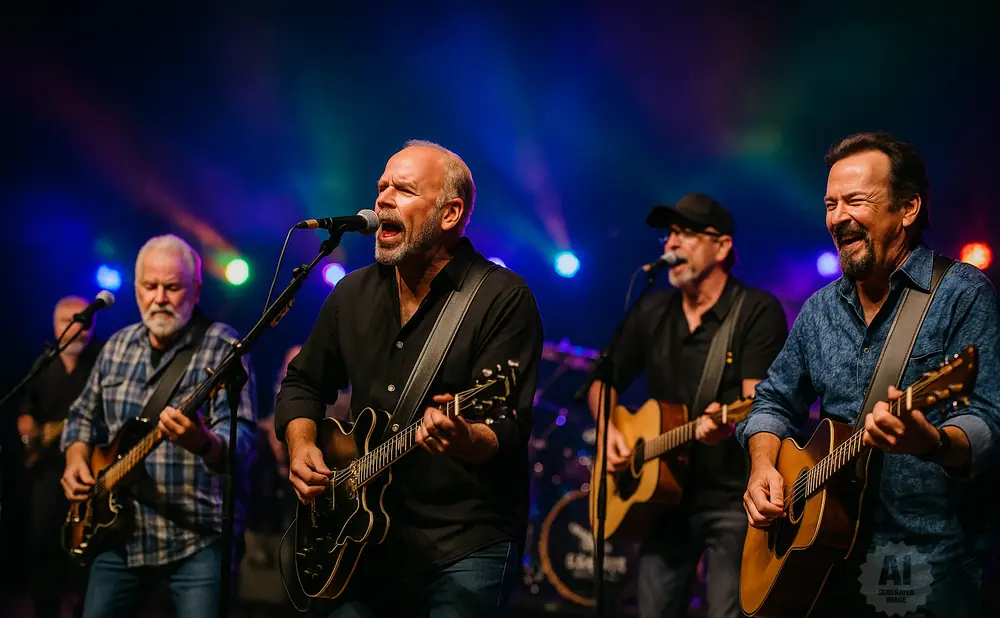 Four men singing and playing guitars on a stage with colorful lights in the background.