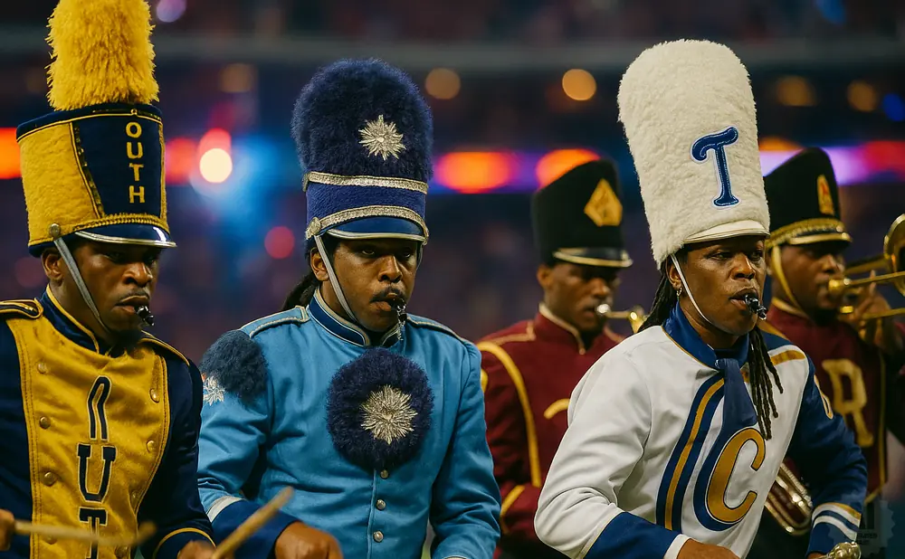 A marching band performs in uniform, with members playing instruments and wearing tall hats.