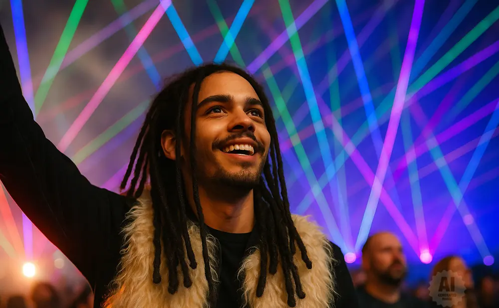 A man with dreadlocks smiles as he looks up at colorful stage lights at a concert.