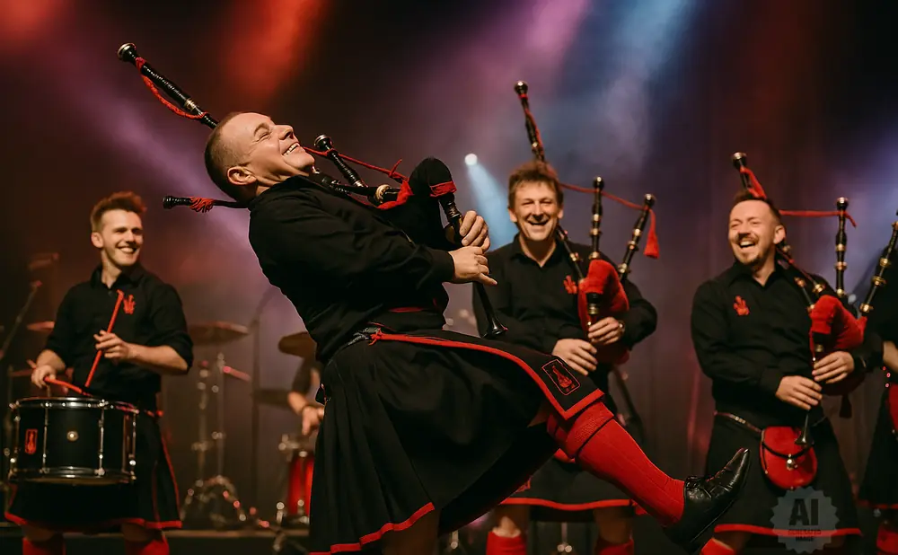 Bagpipers in black and red kilts perform on stage with drums and spotlights.