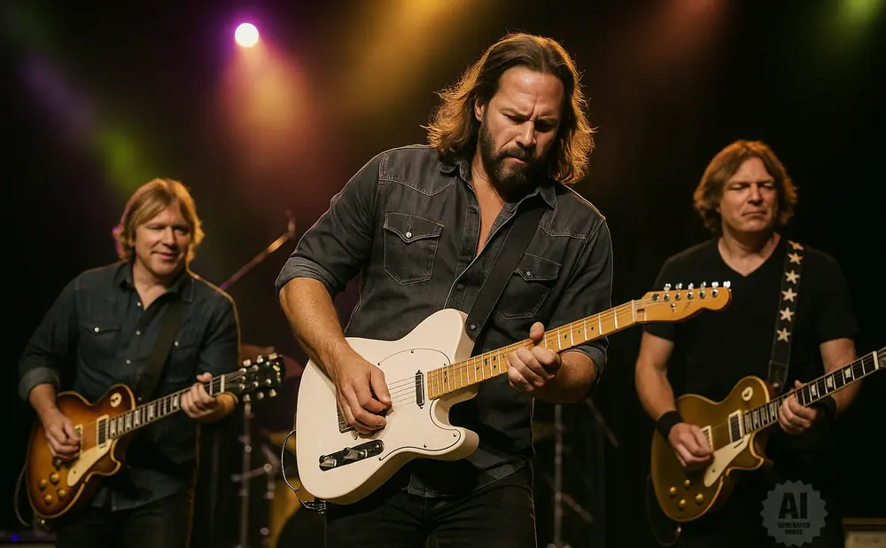 Three men playing guitars on stage with stage lighting.