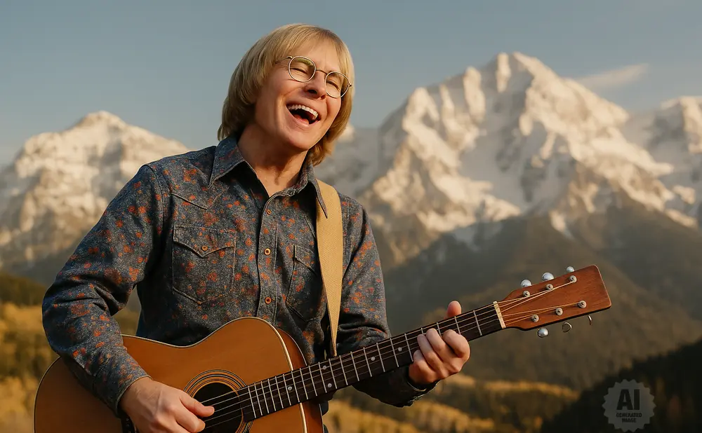 Man with blonde hair and glasses laughing while playing an acoustic guitar in front of snow-capped mountains.