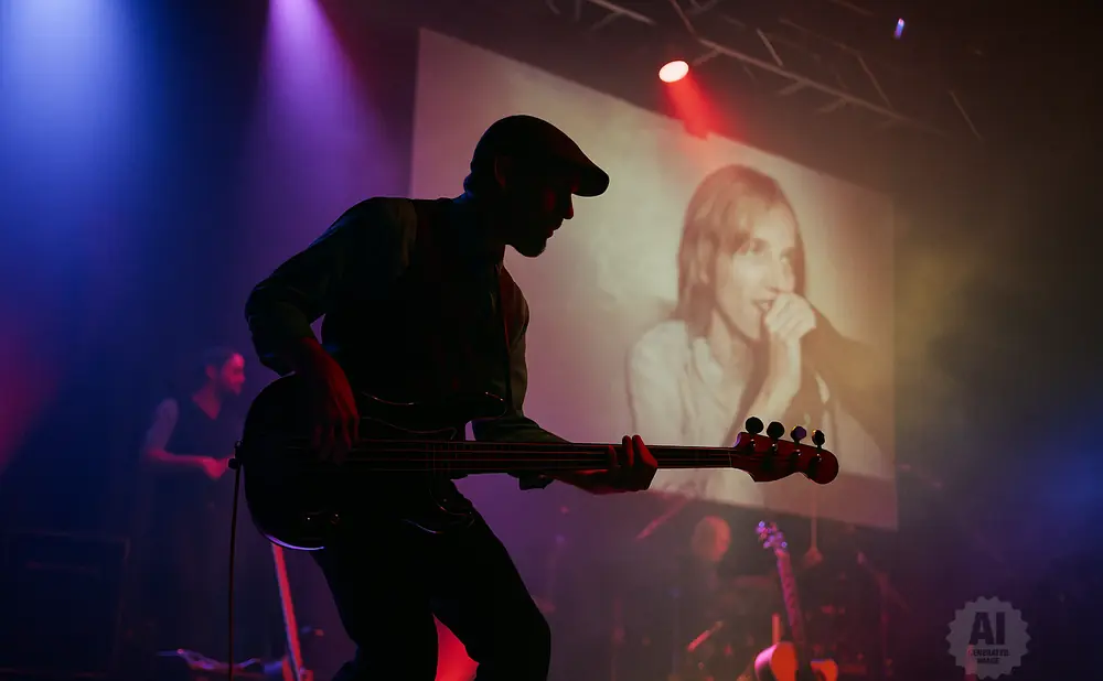 Silhouette of a bass guitarist on stage with a projection of a smiling person behind him.