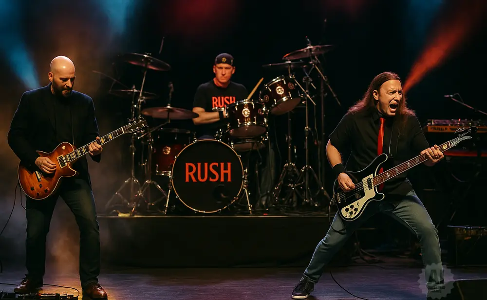 A three-person band performs on stage, with two guitarists and a drummer.