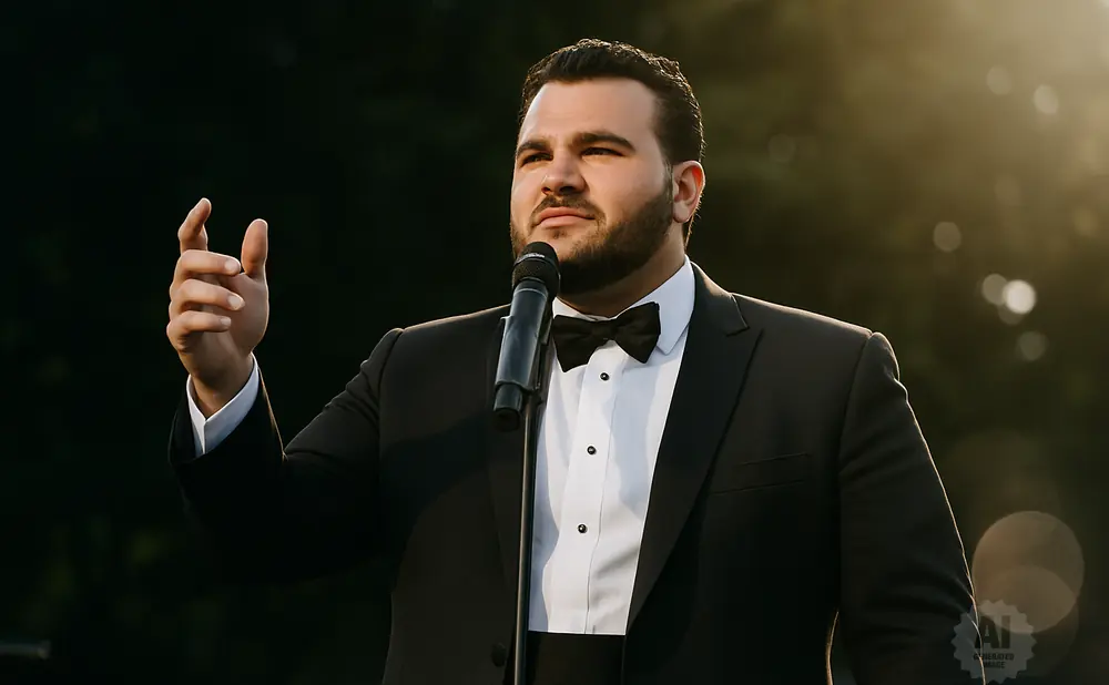 A man in a tuxedo sings into a microphone, gesturing with his left hand.