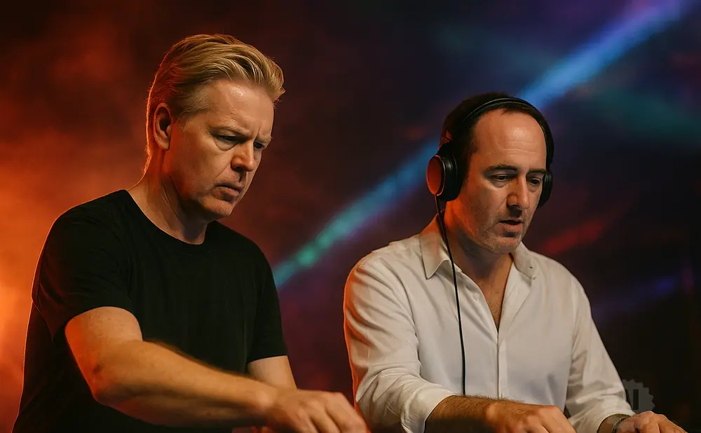 Two men operating DJ equipment with colorful lights in the background.