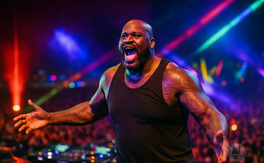 Shaquille O'Neal in a black tank top, shouting with arms open on a stage with colorful lights and a crowd.