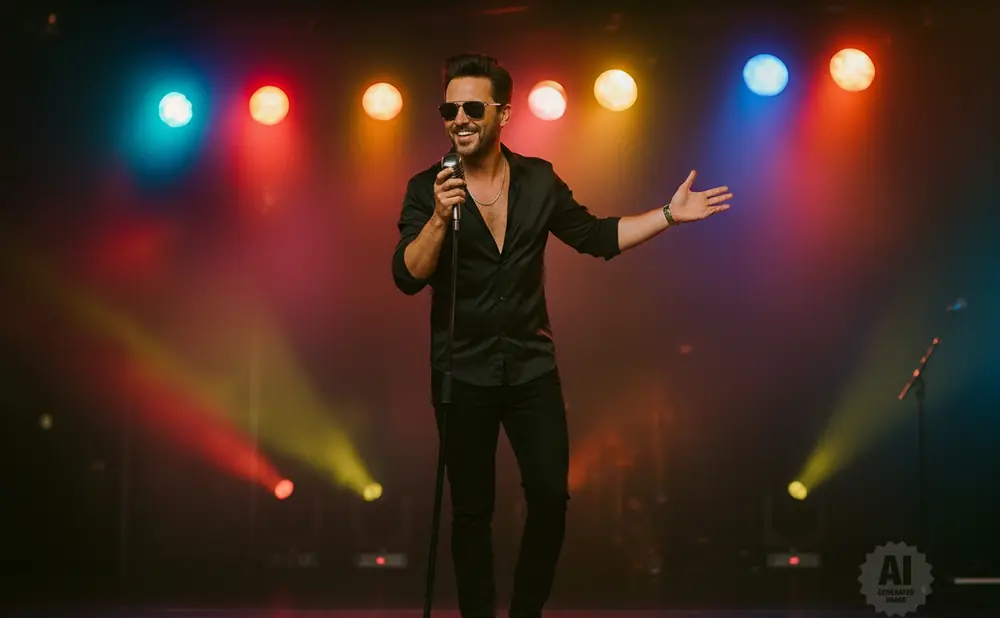 A male singer in a black shirt and pants performs on stage, holding a microphone.
