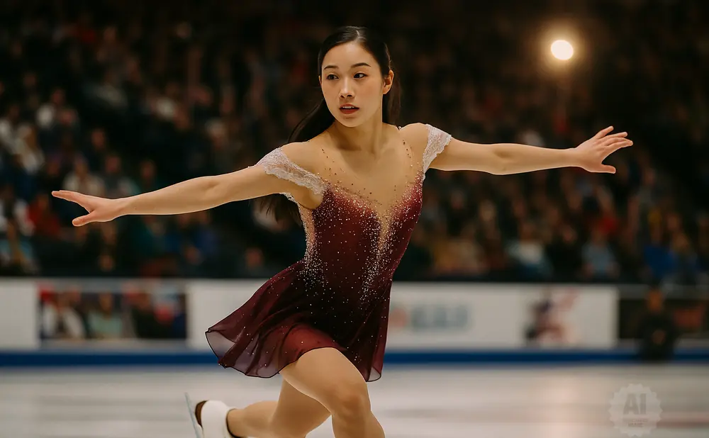 Female figure skater performing on ice, wearing a sparkly maroon dress.