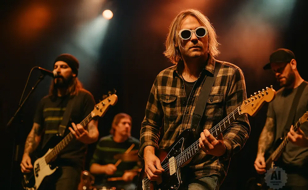 A band plays on stage, illuminated by spotlights. The frontman wears round white sunglasses and a plaid shirt.