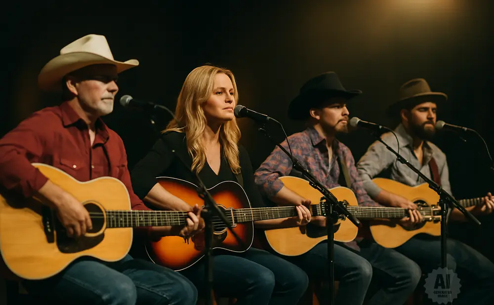 A band of four musicians in country-western attire playing acoustic guitars and singing into microphones.