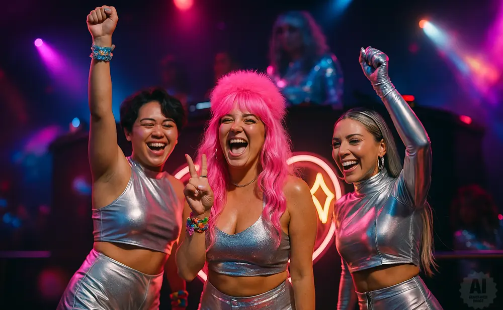 Three women in shiny silver outfits with bright pink hair, dancing under colorful lights at a concert or club.