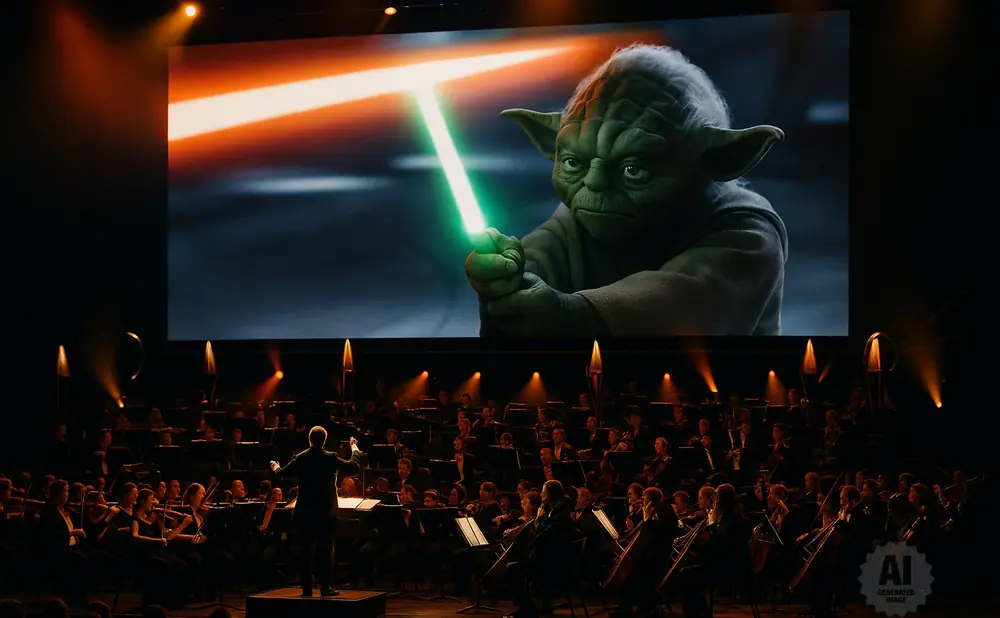 Yoda on a screen over an orchestra performing a Star Wars concert.