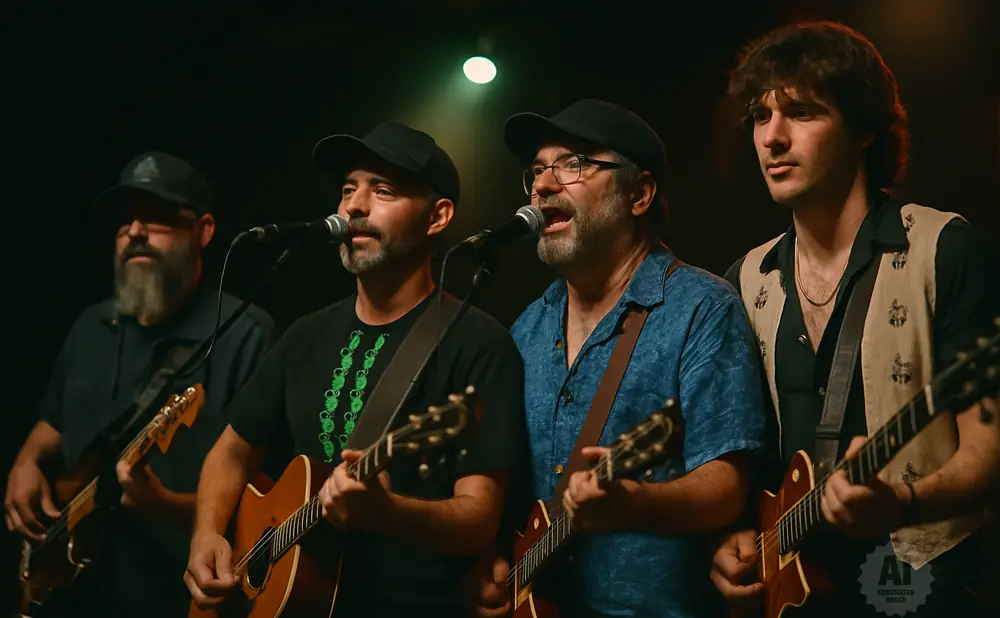 A four-man band performs on stage, with three men playing guitars and singing into microphones.