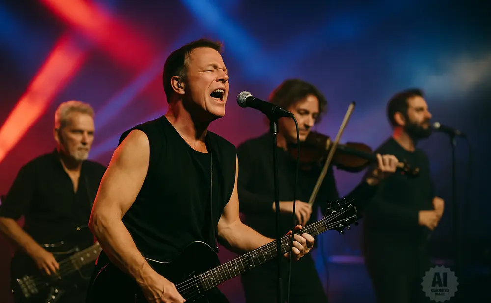Singer on stage with guitar, bassist, and violinist in the background.