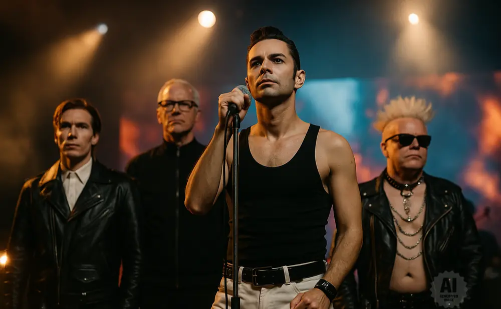 Four men on stage; one in a tank top sings into a microphone, others wear leather jackets and one has a mohawk.