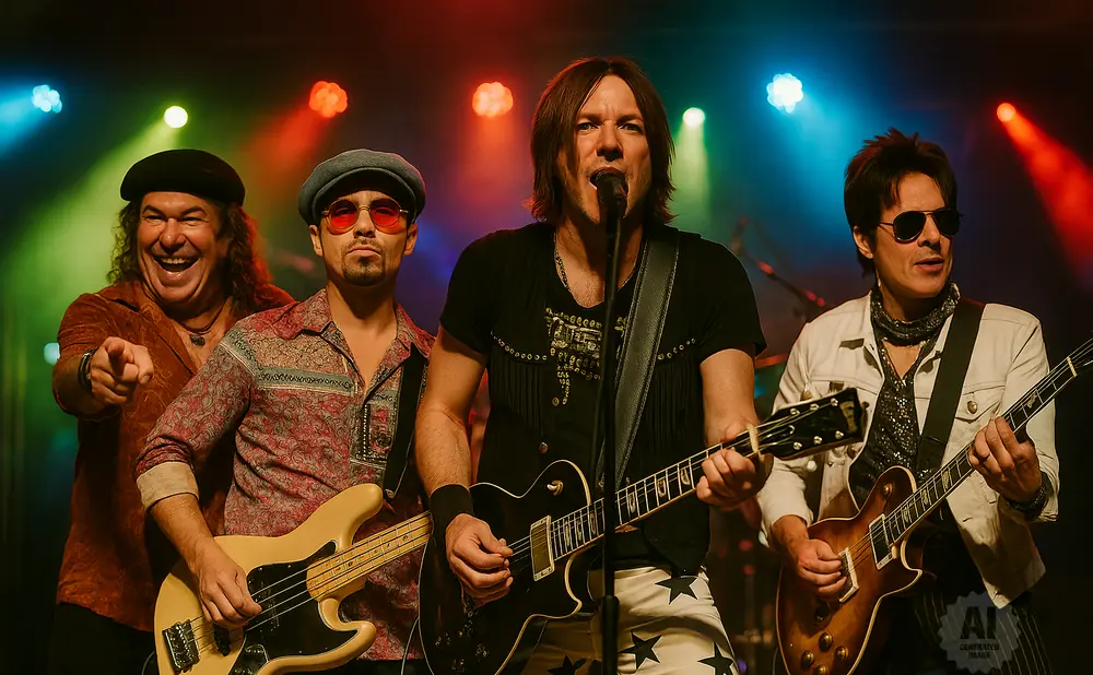 A rock band performs on stage with colorful lights.