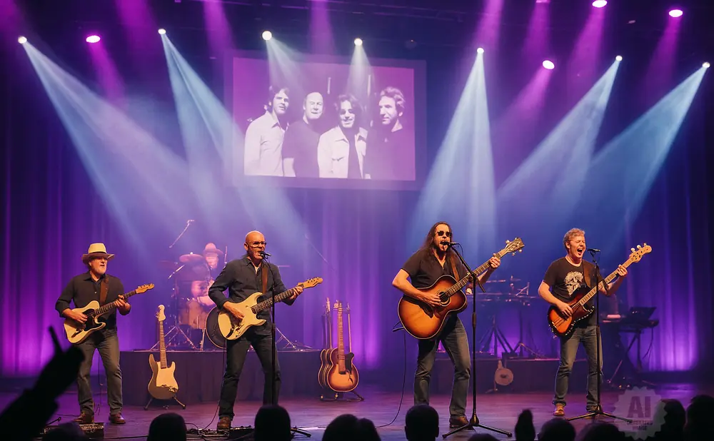 A band performs live on stage under purple and white spotlights, with a projected image of four men behind them.