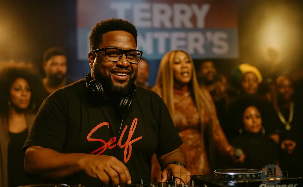 A Black man with glasses and headphones smiles while DJing at a party with other people in the background.