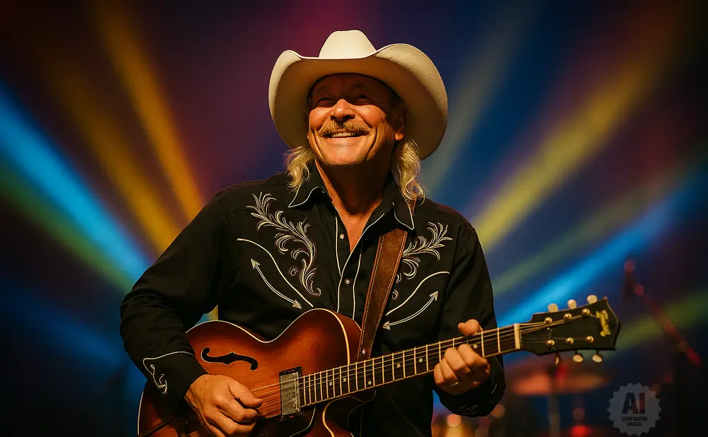 A smiling man in a cowboy hat plays an acoustic guitar on stage under colorful lights.