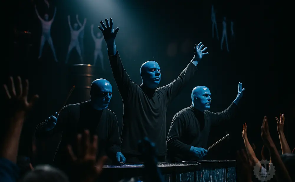 Three Blue Man Group performers in dark clothing, one with arms raised, playing drums in front of an audience.