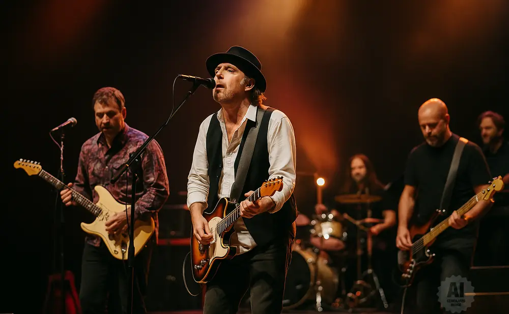 A band performs on stage with the lead singer in a hat and vest singing into a microphone.