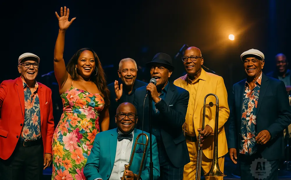 A jazz band poses for a photo with a female singer and a trombonist.