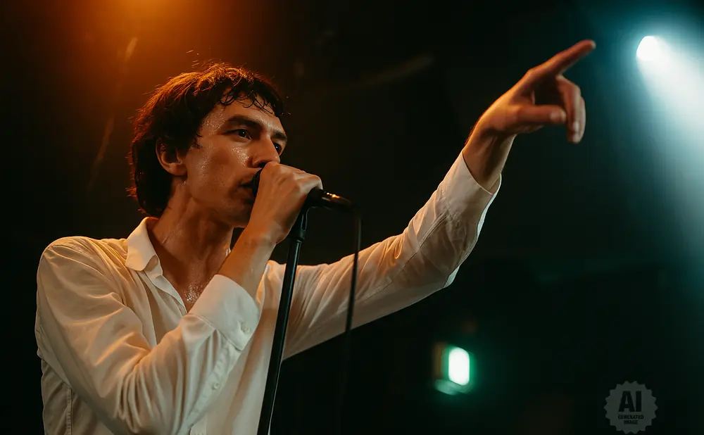 A man in a white shirt sings into a microphone while pointing his finger upwards on a dark stage.