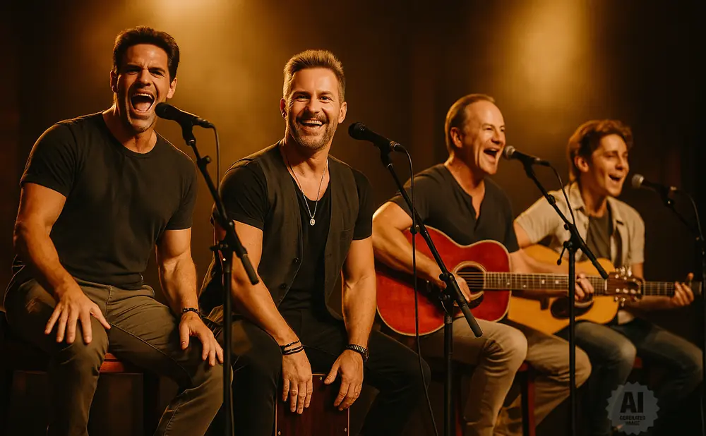 Four men singing and playing guitars on stage with warm lighting.