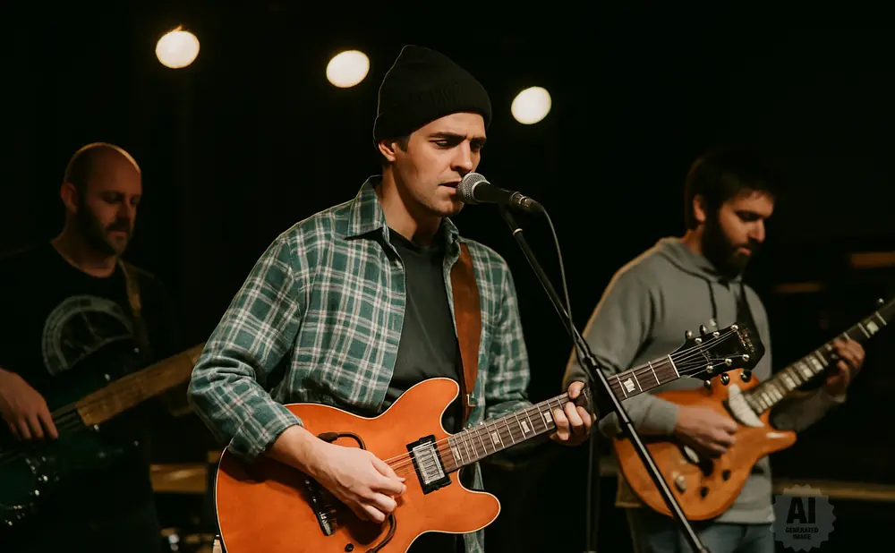 Three men play guitars on stage, with one singing into a microphone.