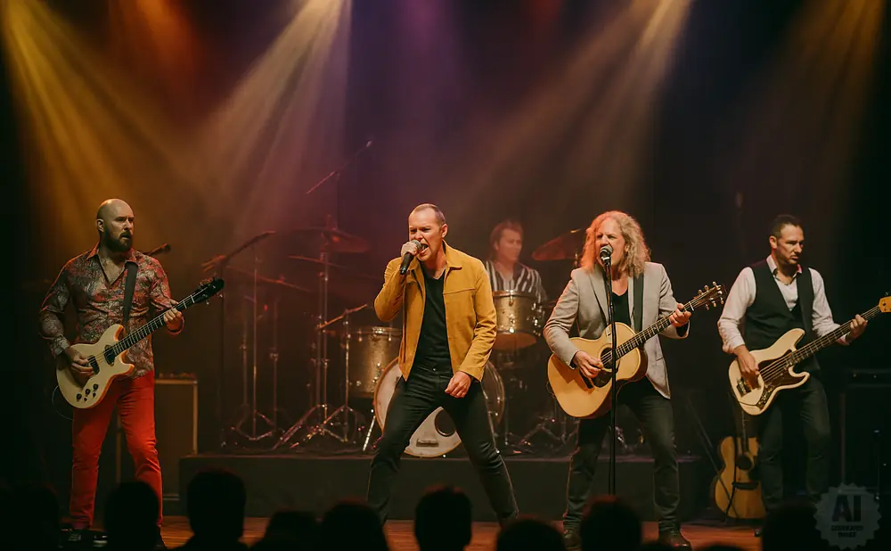 A band plays on stage under warm stage lights, with a singer in the center and guitarists and a drummer behind.