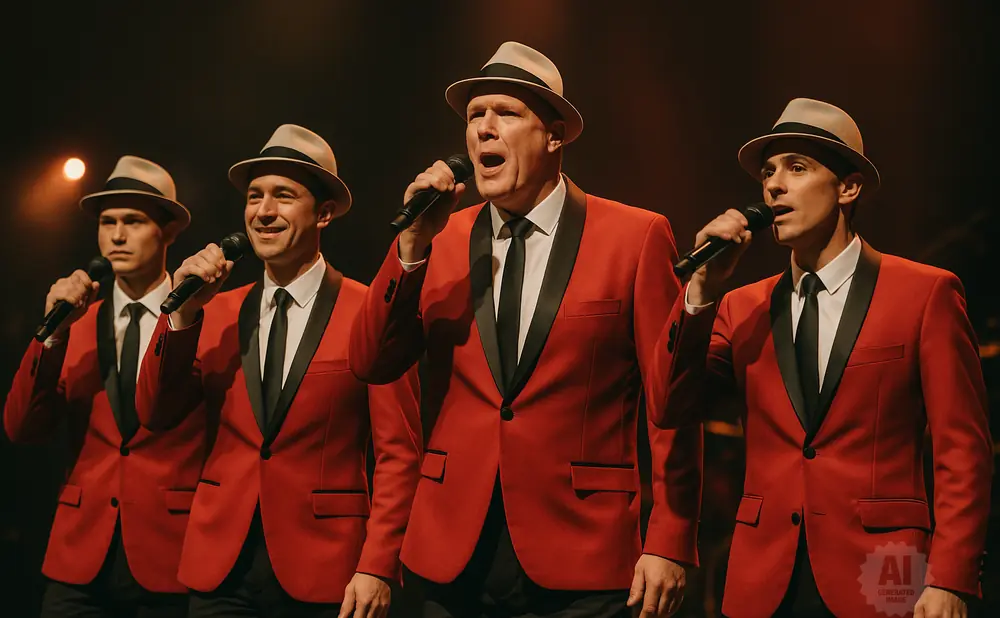 Four men in red suits and fedoras sing into microphones on a dark stage.