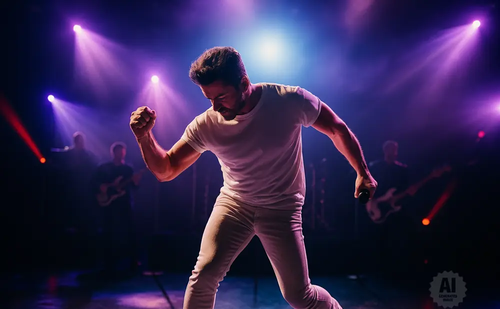 A male singer in a white t-shirt and pants performs on stage with purple lights.